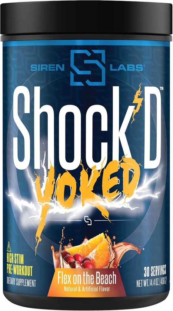 Shock’D Yoked High Stim Pre-Workout – Caffeine, Taurine, Citrulline Malate, Agmatine, Betaine Anhydrous–High Energy & Powerful Muscle Pumps-Nitric Oxide–Flex on The Beach (30 Servings)