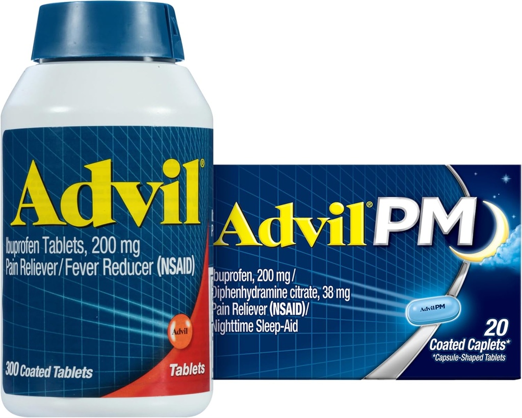 Alimentador de Dolor Advil y Reductor de Fiebre, Ibuprofeno 200mg para Alivio de Dolor - 300 Conde, Alimentador de Dolor de Dolor y Ayuda de Dolor de Noche, Ibuprofeno para Alivio de Dolor y Diphenhydramine Citrato - 20 Conde
