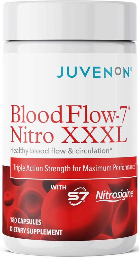 Juvenon BloodFlow-7 Nitric Oxide Suplemento con Nitrosigine - Fórmula Mejorada para la Absorción Máxima - Booster de Circulación, Presión de Sangre, Apoyo Colesterol (180 Cuenta (Pack de 1))