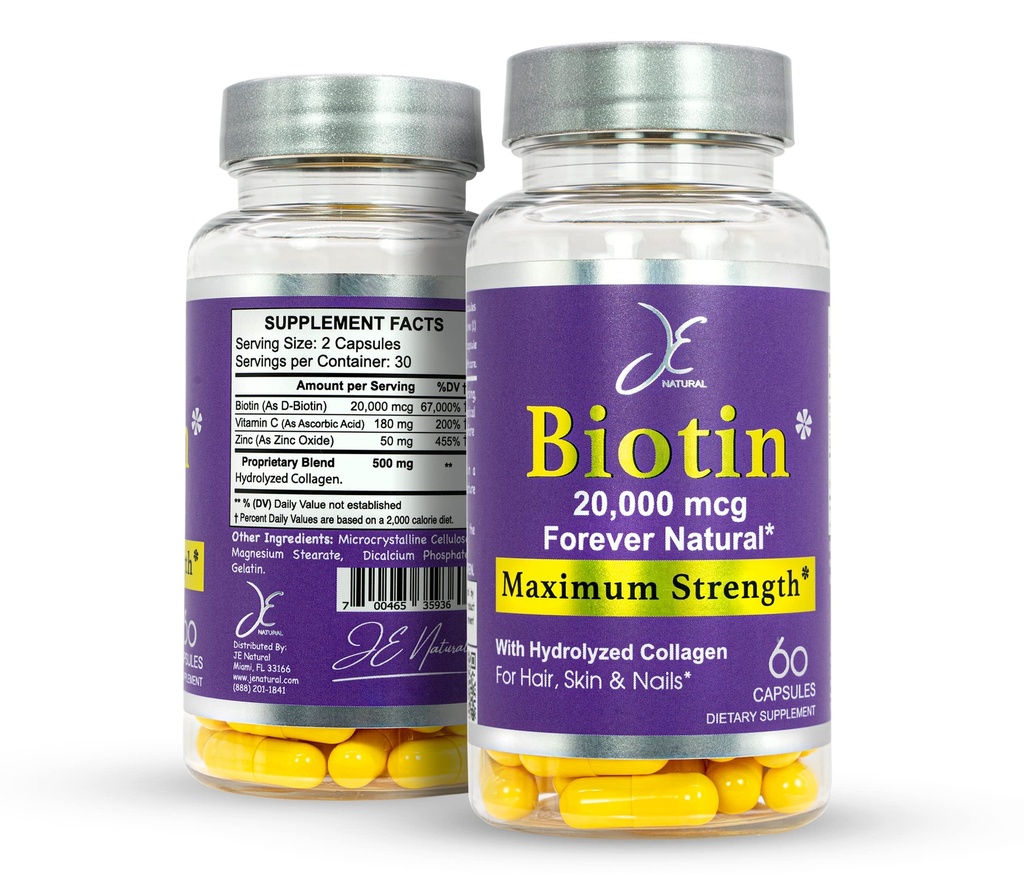 JE Natural Biotin Hair Skin and Nails Vitaminas, Vitamina C, Biotina y Suplementos de Collagen que hacen que el crecimiento del cabello sea más rápido y más largo, para todas las edades, 60 cápsulas de Biotin 20000mcg máxima fuerza.