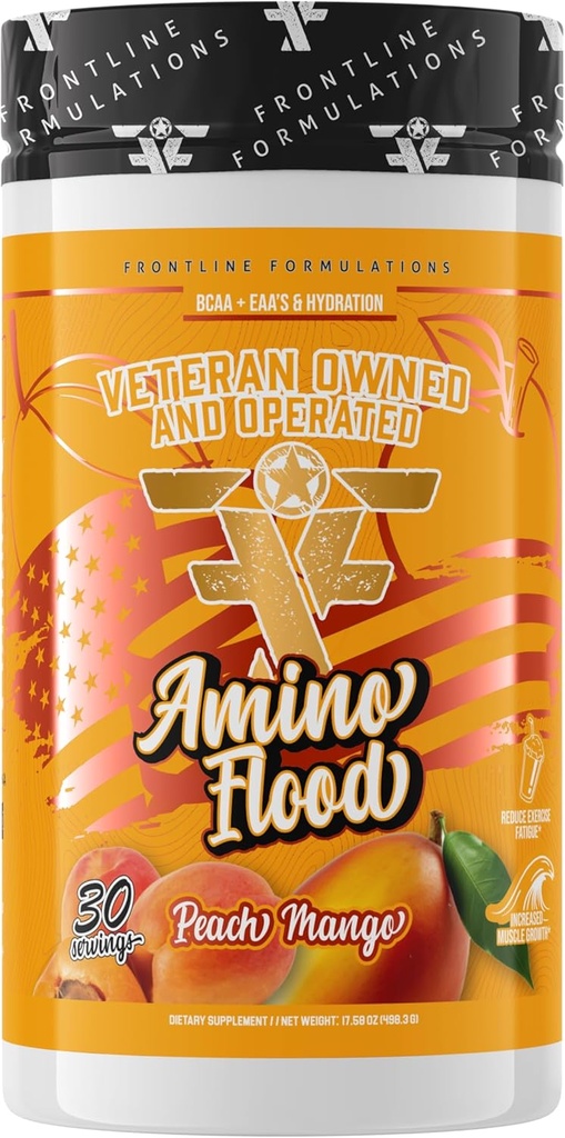 Flood de amino de las Fórmulas Frontline - BCAA + EAA Recuperación " Fórmula de hidratación: apoyo muscular, electrolitos " resistencia - Suplemento de aminoácidos para la intra " Post Workout Peach Mango