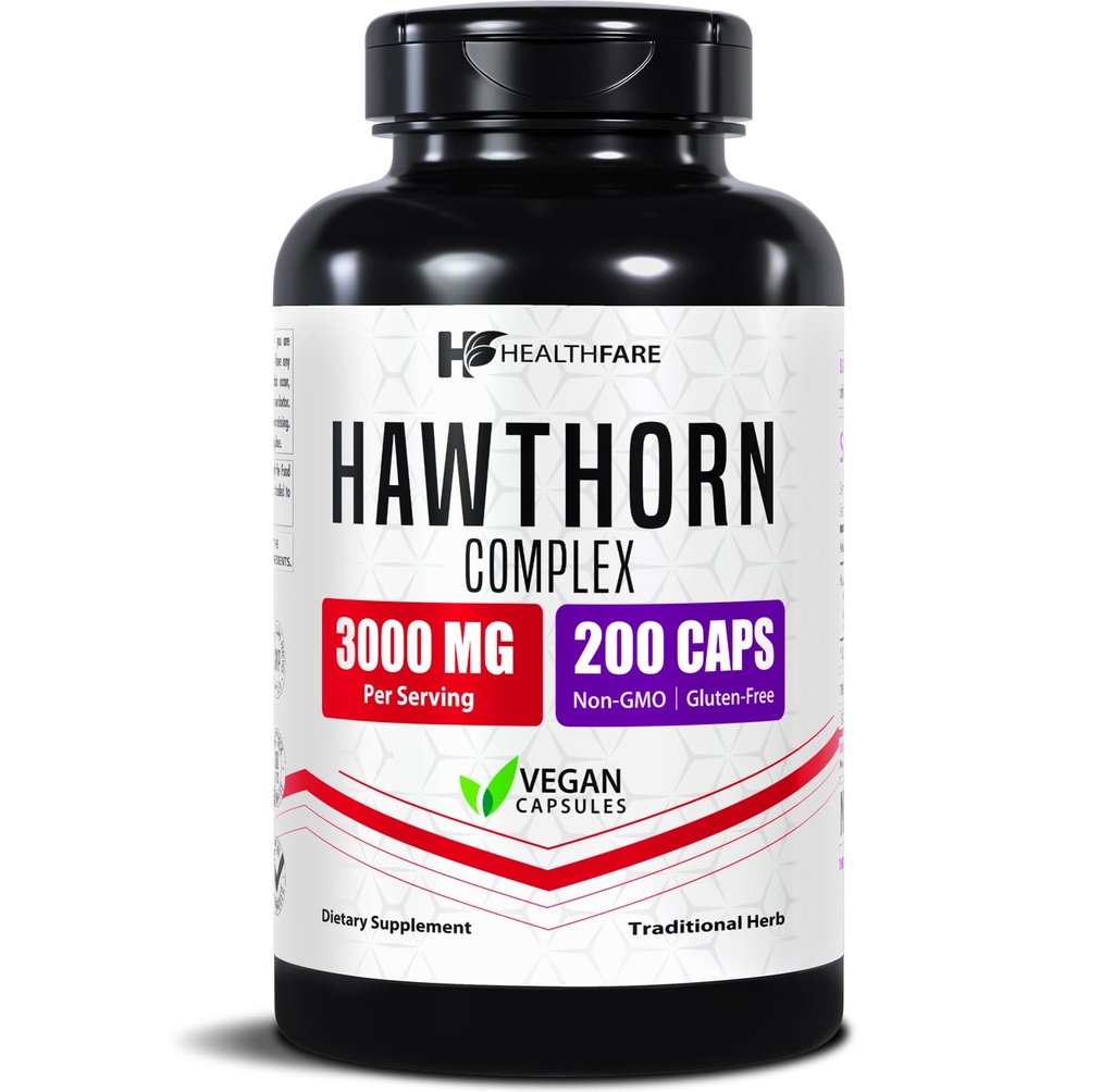 Healthfare Hawthorn Berry Supplement Extract 3000mg | Extra Strength Herbal Formula | 200 Vegan Capsules | Supports Heart & Circulatory Health | Non-GMO, Gluten-Free | Made in USA