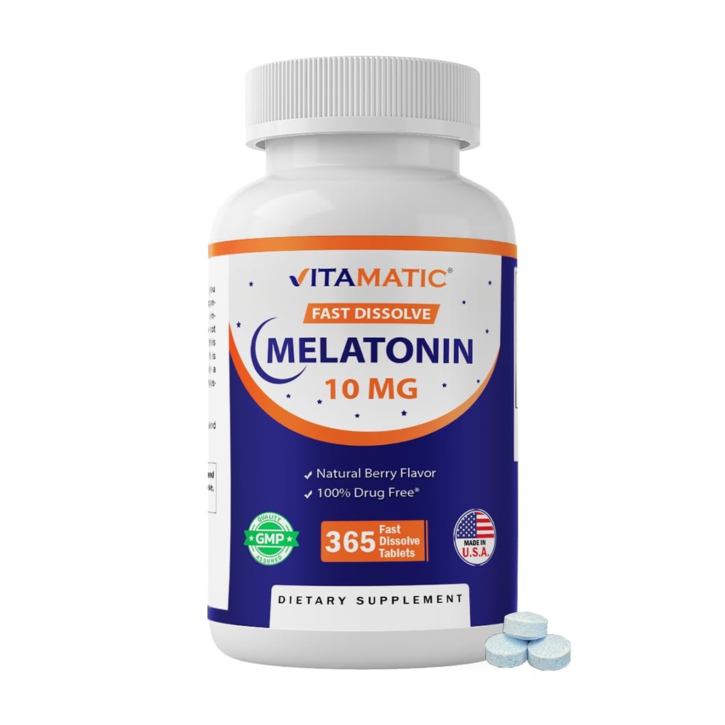 Melatonina Vitamática 10 mg Tablas rápidas de consolación – Suplemento de Apoyo al sueño para adultos – Vegetariano, No Gluten-Free – Sabor de Berry natural – 365 Tabletas