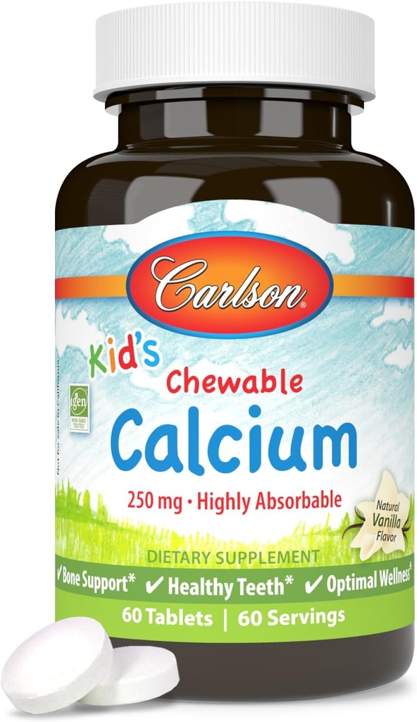 Carlson - Calcio Chewable de niño, 250 mg, Altamente Absorbable, Bono " Apoyo a los dientes, Bienestar óptimo, Sabor de vainilla natural, 60 tabletas