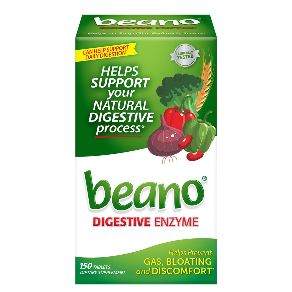 Enzima Digestiva Beano, Alivio de Gas Preventivo para Adultos, Ayuda a prevenir el gas &amp; Bloating, 150 Tablets