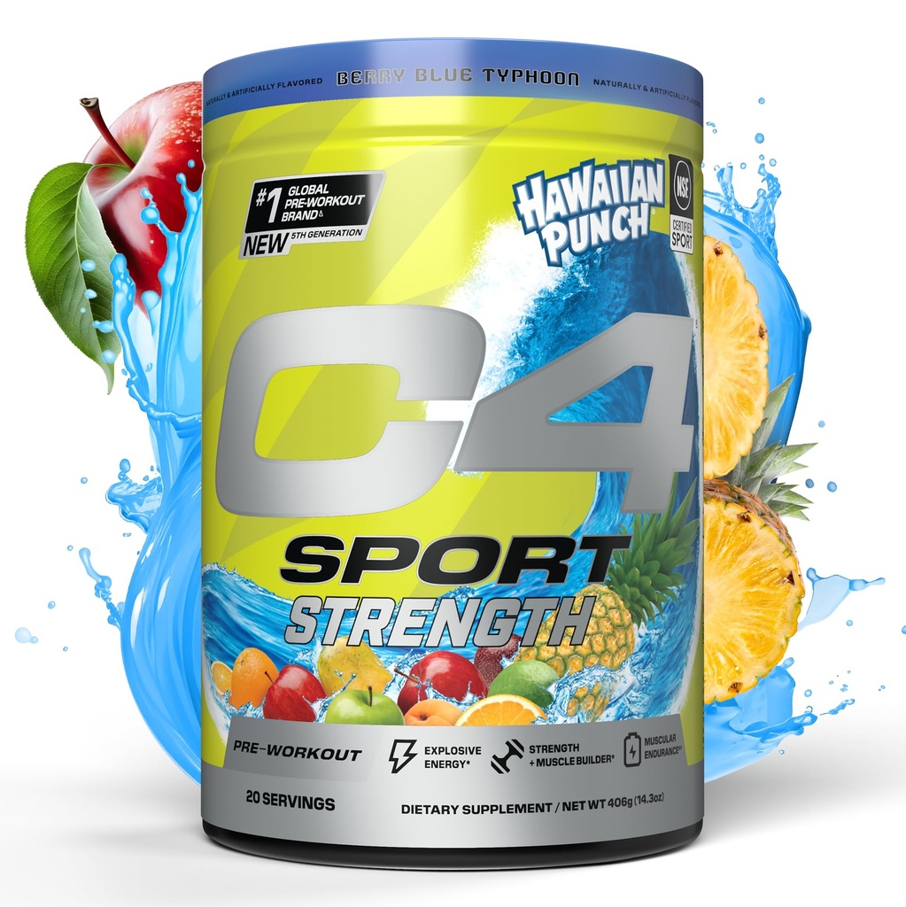 Cellucor C4 Sport Strength Pre Workout Powder - NSF Certified for Sport - Beta-Alanine, Creatine, 200mg Caffeine - Sugar Free Energy Supplement for Men & Women - Hawaiian Punch Berry Blue, 20 Servings