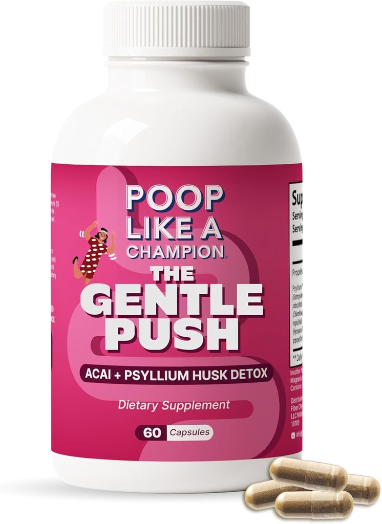 Poop Como un Champion Constipation Relief Capsules - Acai, Psyllium Husk, Ginger Root, Chlorella, Prebiotic Blend, 60 Capsules, Supports Bowel Movement, Promotes Gut Health Supplement