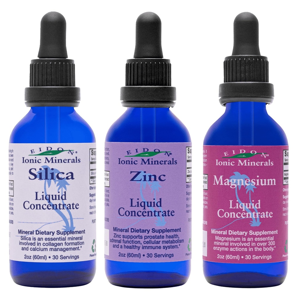 Eidon Ionic Minerals Silica líquida, Zinc, & Magnesium Drops Variety Pack - Silica, Zinc, &amp; Magnesium Supplements, All-Natural Trace Minerals, No Preservatives o Additives - 2 oz, Pack de 3