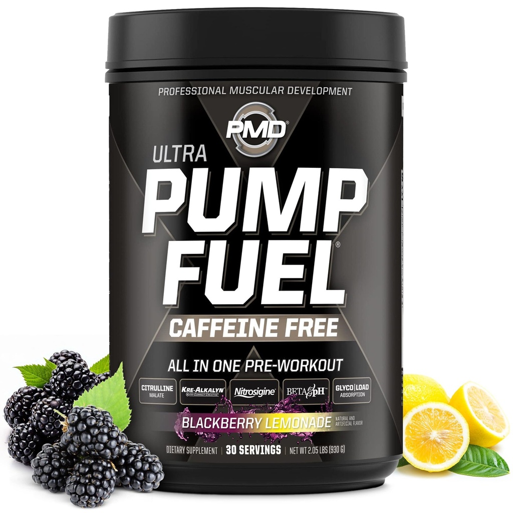 PMD Sports Pump Fuel Ultra Caffeine Gratis - Premium Pre Workout Powder &amp; Muscle Pump, Greater Focus, Endurance & Recovery, Premium Creatine, Arginine & Beta Alanine - BlackBerry Lemonade (30 Servings)