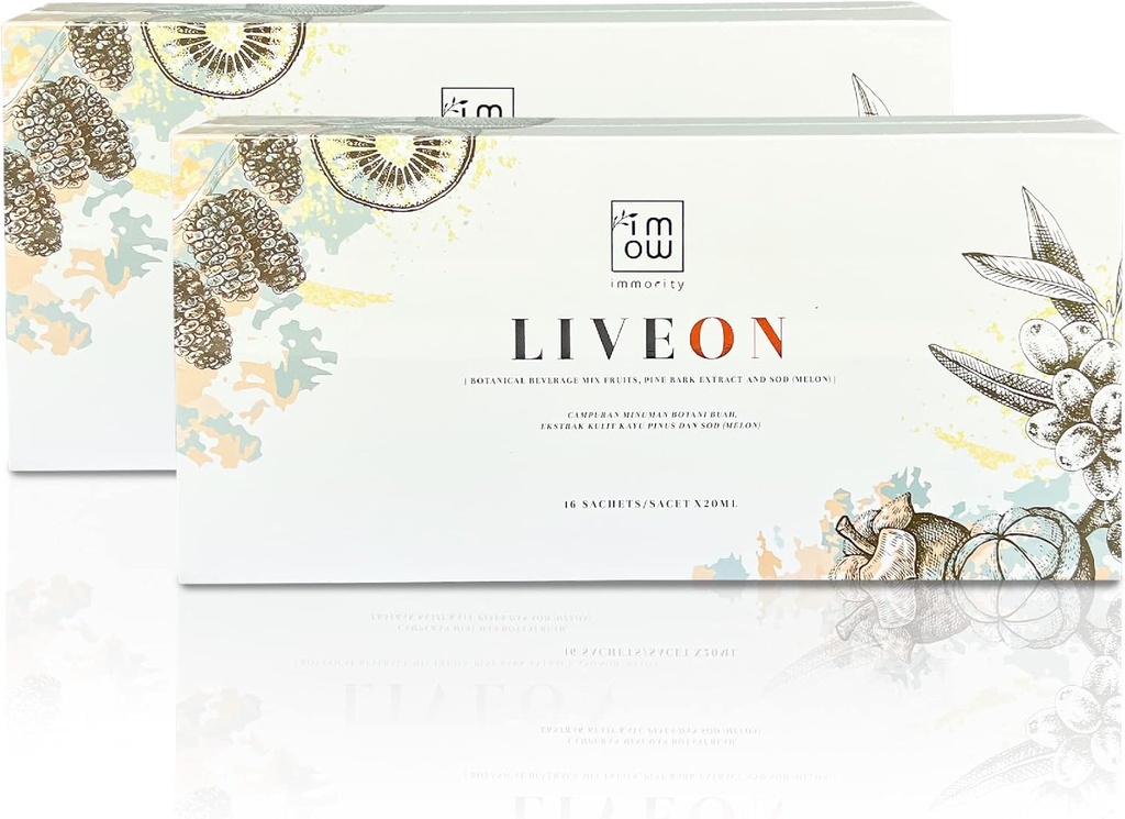 2 Cajas Inmortalidad Liveon 100% Natural Pine Bark Extracto Beverage Mix Fruits [16 Sachets x 20ml] – 4X Poderoso Antioxidante Inverso Sign of Aging, Anti Wrinkles & Fine Lines to Support Youthful Skin