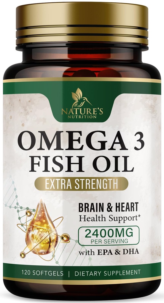 Omega 3 Fish Oil Supplements - 2400mg Fish Oil Per Serving - Triple Strength Omega-3 with EPA & DHA Fatty Acids - Natural Heart, Brain & Immune Support - Wild Caught, Bottled in USA - 120 Softgels