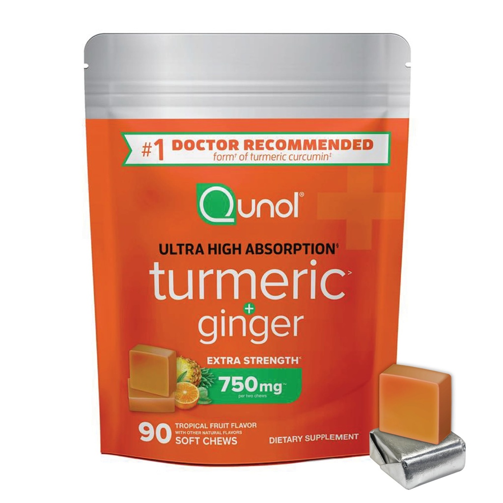 Qunol Turmeric y Ginger Soft Chews, 750mg Turmeric Suplemento, Ultra High Absorption to Support Joint Health, 90 Count