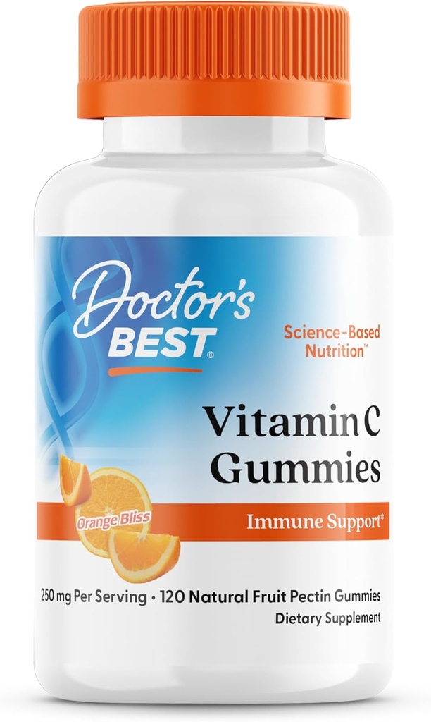 Mejor médico, vitamina C Gummies 250mg por Serving Great Tasting Immune Brain Eyes Heart Circulation Antioxidant Support Natural Pectin Vegan Gluten Free CT, Fruit, 120 Con