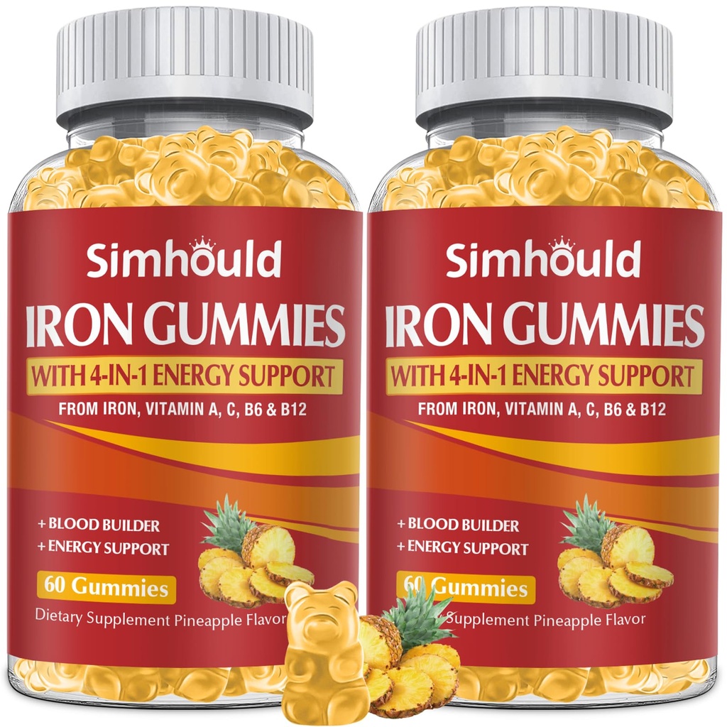 2 Pack Vegan 80MG Iron Suplemento Gummies for Women &amp; Men - Vitamina A, C, B para adultos &amp; niños - Blood & Builder & Energy Support for Iron Deficiency, Anemia, 120 Condes Pineapple Flavor Gummies