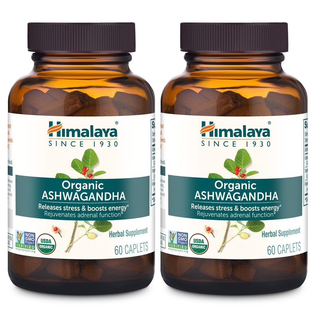 Himalaya Organic Ashwagandha, 120 Day Supply, Herbal Supplement for Stress Relief, Energy Support, Occasional Sleeplessness, USDA Organic, Non-GMO, Vegan, Gluten Free, 670 mg, 60 cápsulas, 2 Pack