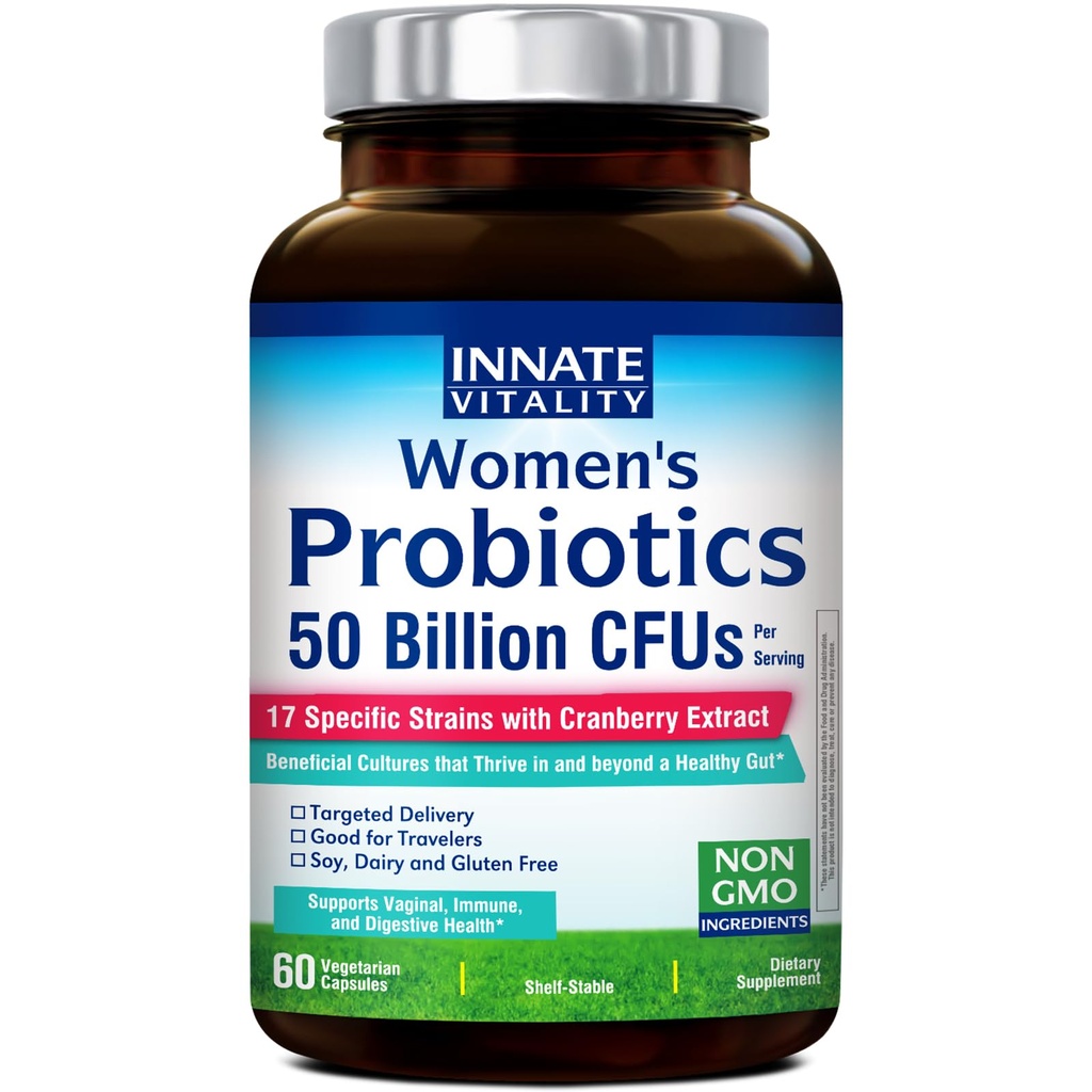 Probióticos de Vitality innato para Mujeres, 50 millones de UF, 17 Estrechos Provenidos, 60 cápsulas vegetarianas, Formulados con Prebióticos y Extracto de Arándano, no GMO, soporta la salud vaginal, digestiva e inmunitaria