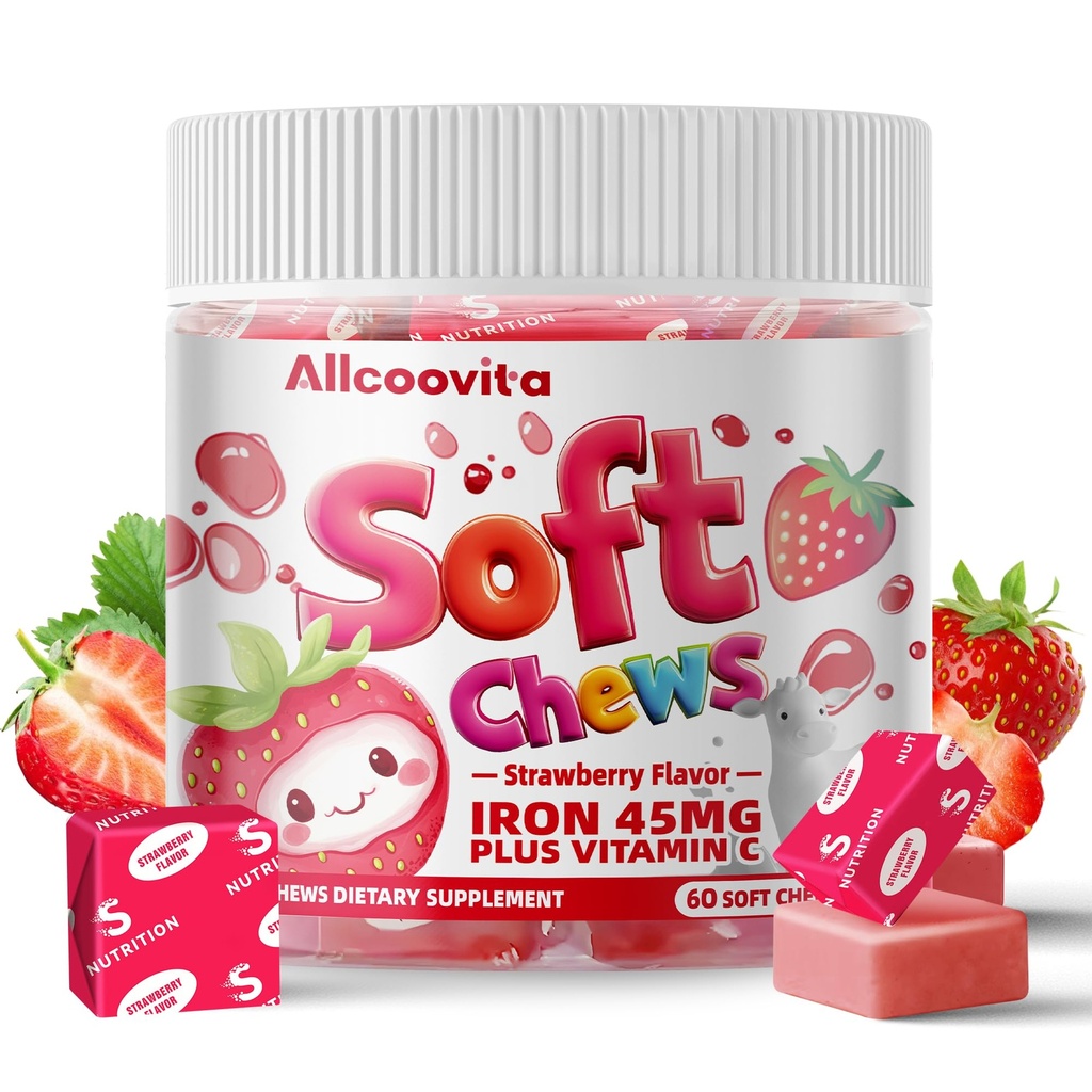 Hierro Soft Chews Suplemento con vitamina C Silencio Fresa Saborada TEN Gluten Libre Silencioso Suplemento de Hierro para Mujeres Hombres y Niños Silenciosos 60 Cuenta Silencio 2 Mes