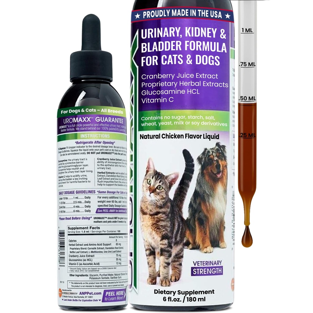 Cat &amp; Dog Urinary Tract Treatment, Bladder & Kidney Support for Dogs and Cats, Powerful Yet Gentle Pet Care, with Liquid Cranberry &amp; Glucosamine, Chicken Flavor, 6 oz Bottle, 1 Pack