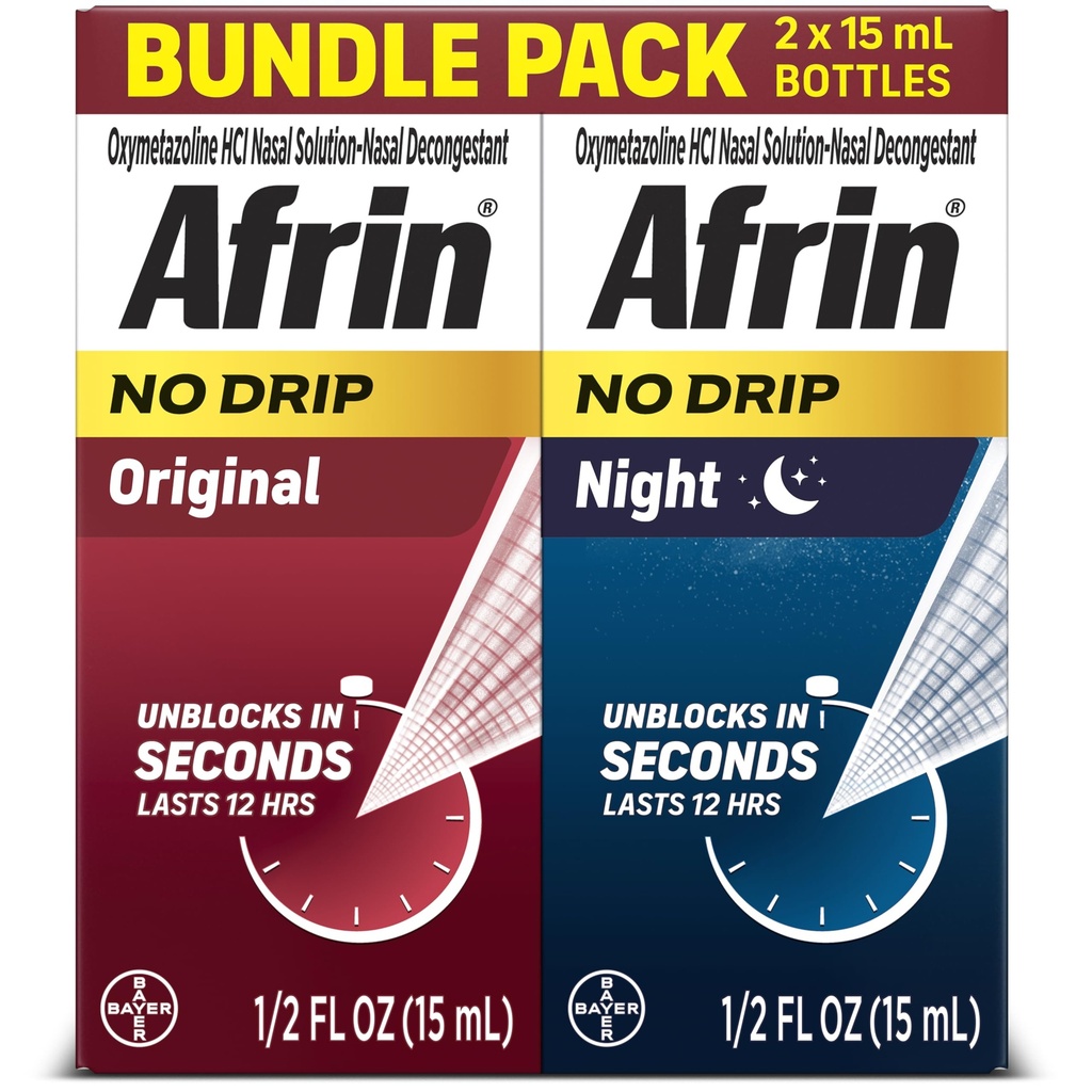Afrin No Drip Original + Noche Nasal Mist Bundle Pack, No-Drowsy, Fast-Acting Decongestant para Nasal Congestion y Sinus Pressure Relief, Adultos y Niños 6 y mayores, .5 fl oz (Pack of 2)