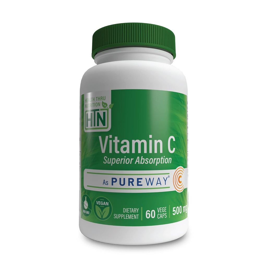 Salud Thru Nutrición Vitamin-C 500mg como PureWay-C 60 Vegecaps Superior Absorption TEN Healthy Immune Función y Collagen Support ← 3rd Party Tested ← Vegan, Non-GMO y Gluten Free