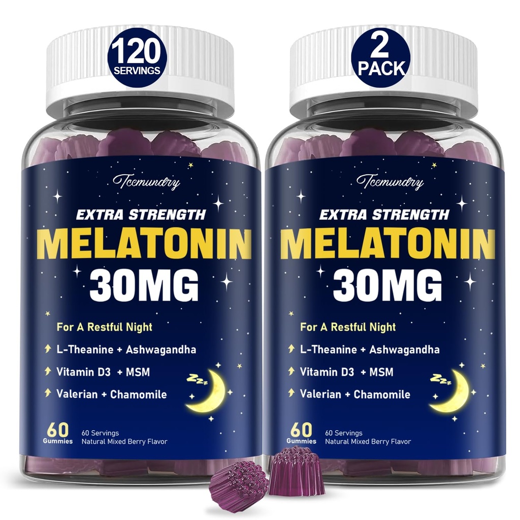 Melatonina Gummies 30mg para Adultos: Maximum Strength Melatonin Supplement with L-Theanine, Ashwagandha, MSM, Vitamin D3 & Zinc - Non-Habit Forming, Natural Mixed Berry Flavor 60 Count (Pack of 2)