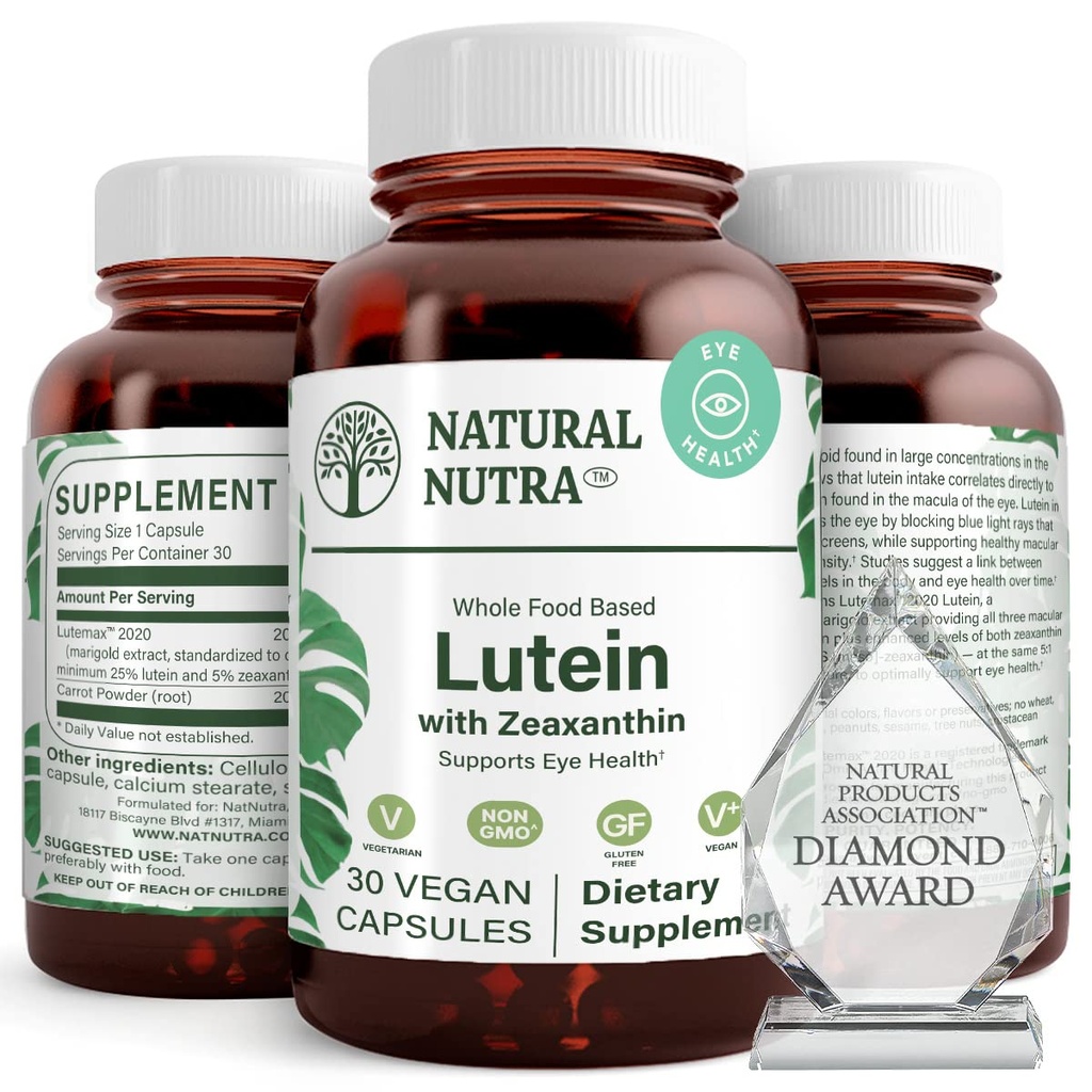 Natural Nutra Lutein y Zeaxanthin Suplemento, Mantener la Visión Salud, Protege la célula en los ojos, Mejorar el nivel de Zeaxanthin &amp; Isomers, Apoyar la salud de los ojos, Gluten Gratis, Soy Gratis, 20 mg - 30 cápsulas