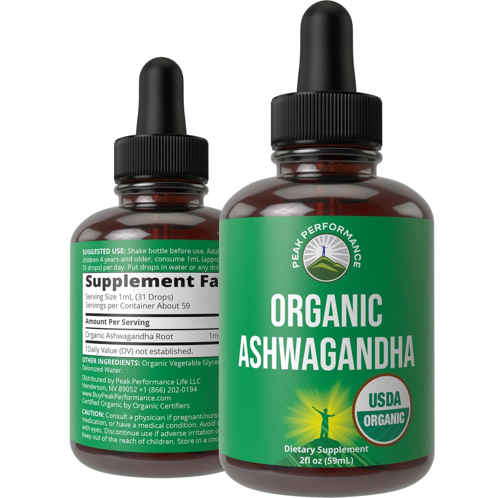 Ashwagandha Liquid Drops. USDA Organic Vegan Supplement. Extra Strength Ashwagandha Extracto Root para Mujeres, Hombres, Niños. con Adaptógenos. Cero Azúcar, Orgánica, Gluten Suplementos de Tintura Libre.