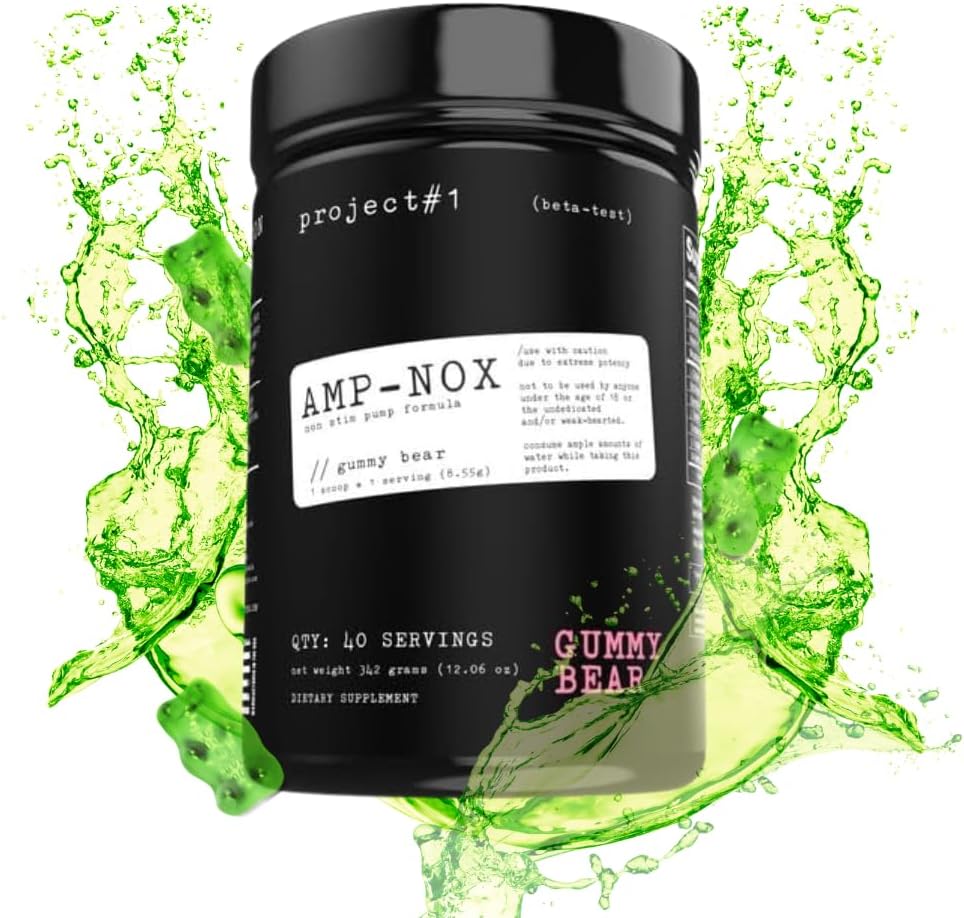 Proyecto #1 AMP-NOX: Powder Pre Workout Non-Stim - Boost Focus, Pump, " Energy - Caffeine Free Protein Drink with Amino Acids for Men &amp; Women - Gummy Bear Flavor - 40 Servings