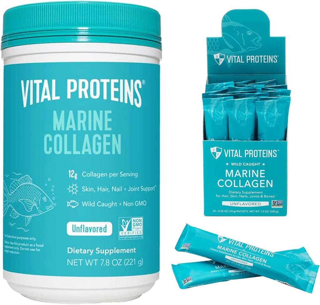 Proteínas Vital Peptides de Collagen Marina Suplemento de Polvo 7.8 oz Canister + Stick Packs (10 g) (Box de 20)
