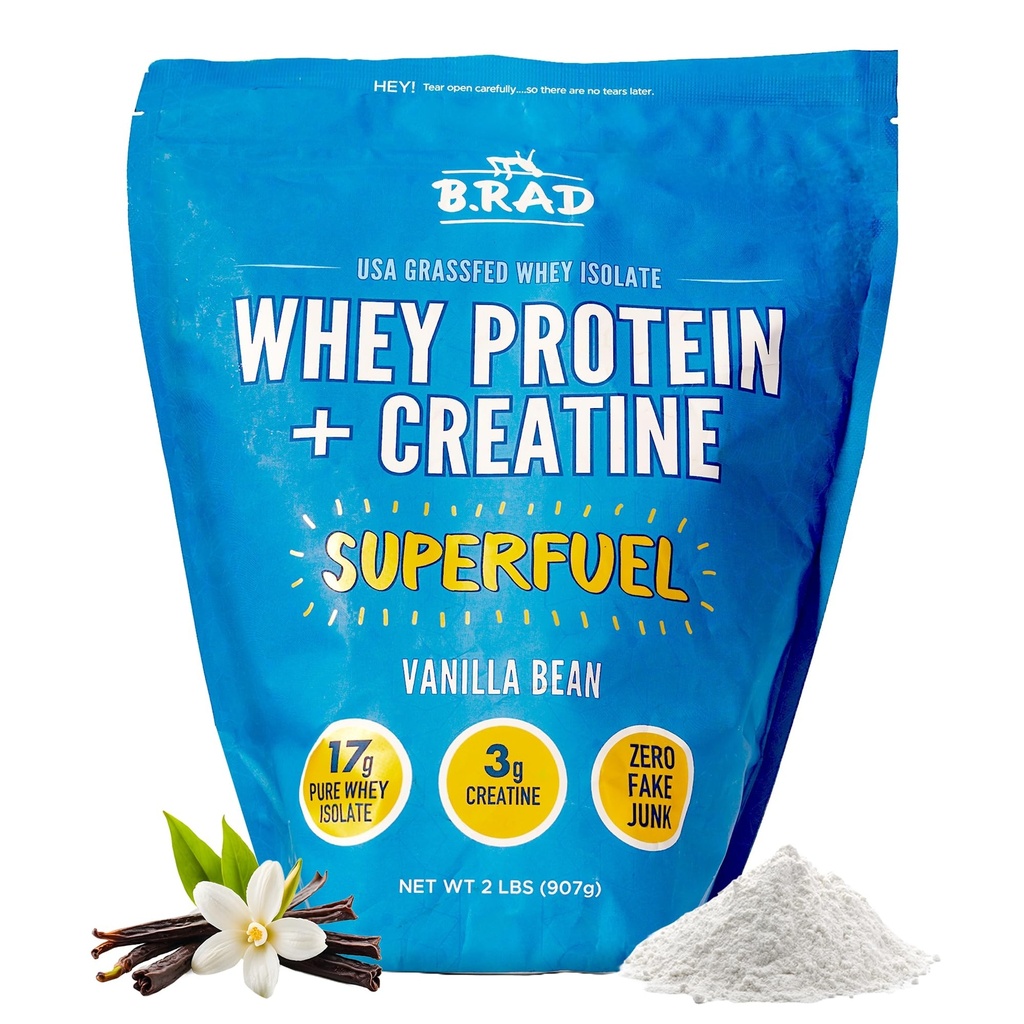 B.rad Superfuel - Grass Fed Whey Protein Isolate Boosted with Creatine ← Farm-Fresh, Easy-to-Digest, Clean Ingredients ← 2 Libras  100% USA Fuented ← Vanilla Bean