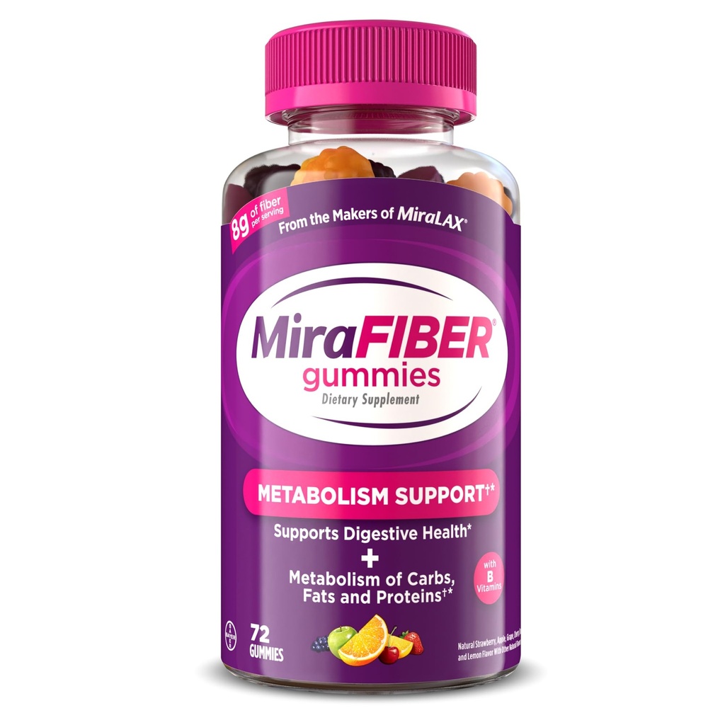 MiraFIBER Gummies from the Makers of MiraLAX, 8g of Daily Fiber Por Serving, Metabolism Support with B Vitamins, Gut Health for Men &amp; Women, Prebiotic Fiber Gummies for Adults, Mixed Fruit Flavor 72Ct