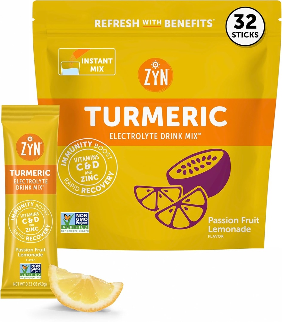 ZYN Electrolyte Drink Mix Hydration Packets, Passion Fruit Electrolytes Powder, Hydration Packets w/Turmeric Curcumin, Vitamina C &amp; D, Zinc, Hydrate &amp; Recover Electrolyte Powder, Pack of 32