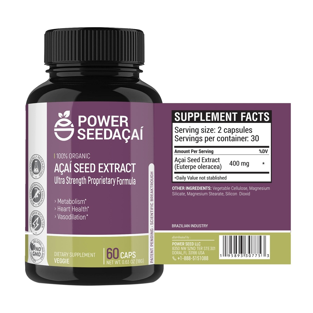 Power Seed Acai - Nitric Oxide Booster. Soporta Flujo de sangre, niveles de azúcar en sangre, función metabólica & energía. Antioxidante súper fuerte. Fórmula patentada 60 cápsulas