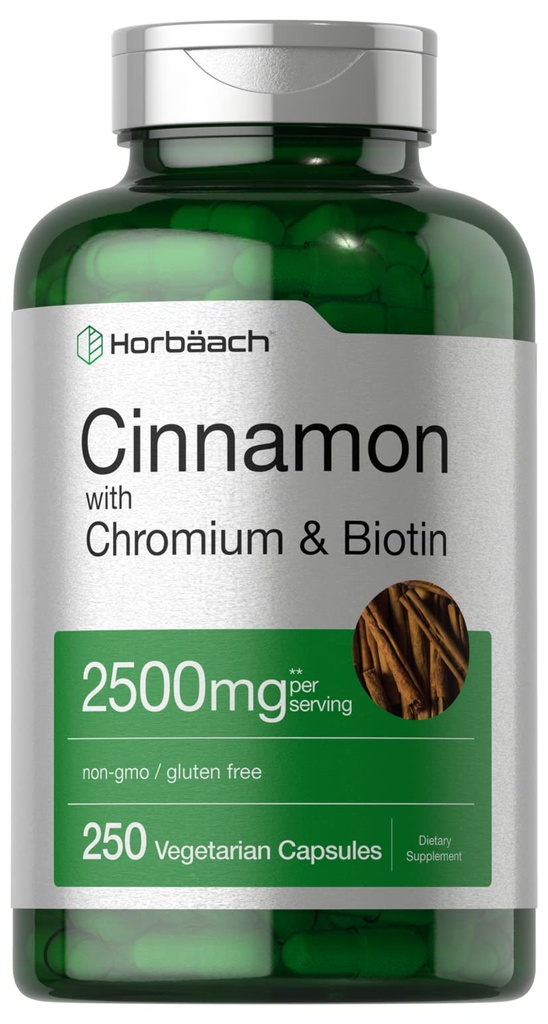 Horbäach Cinnamon with Chromium Picolinate 2500mg  250 cápsulas  Plus Biotin ANTE Vegetarian, Non-GMO, Gluten Free