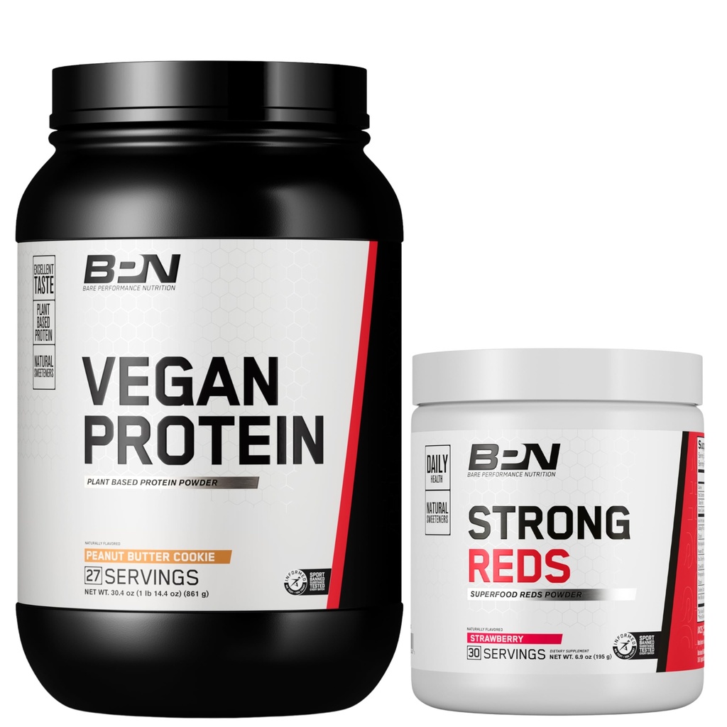 BARE PERFORMANCE NUTRITION BPN Vegan Peanut Butter Cookie Protein + Strong Reds Strawberry Bundle