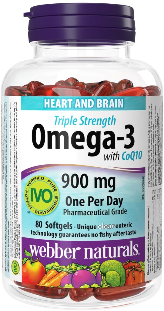 Webber Naturals Triple Fuerza Omega-3 con CoQ10 Enteric recubierto 900 mg Omega-3 (EPA • DHA)/ 100 mg CoQ10, 80caps
