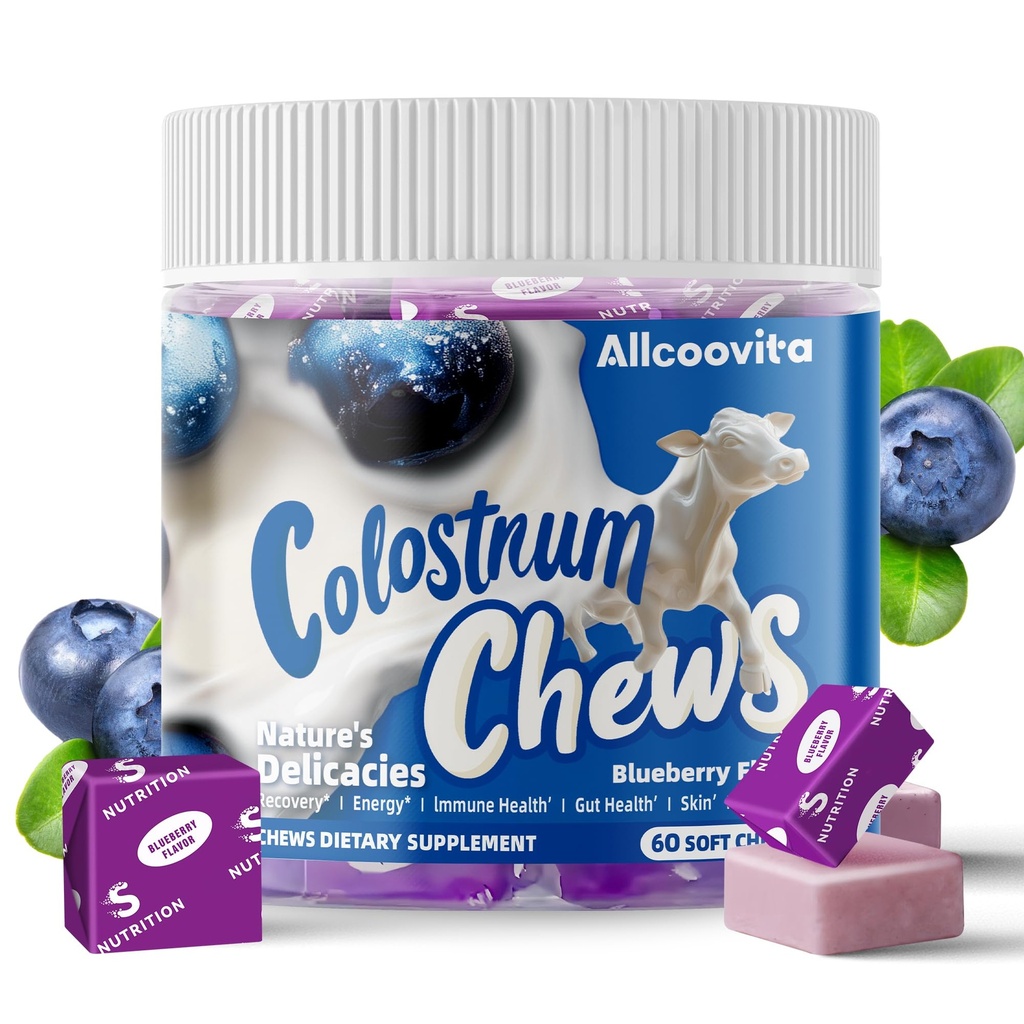 Bovine Colostrum Chews Suplemento con probióticos para Gut Health, Bloating, Immune Support, Skin, Hair Growth and Beauty - Blueberry Flavor (60 Servings)
