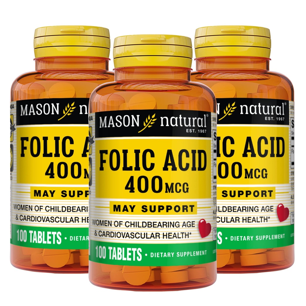 Masón Natural Folic Acid 400 mcg, Suplemento diario de Salud, Mood y Cuidado Prenatal, para Mujeres de Edad Infantil, 100 Tabletas (Pack of 3)