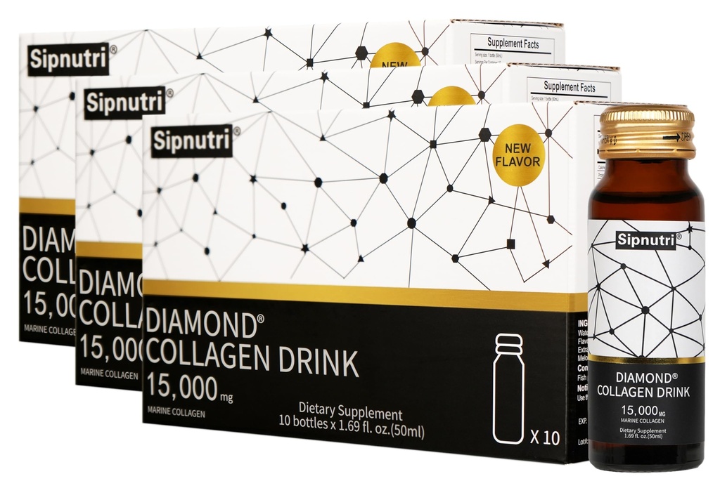 Bebida de colágeno líquido de diamante, 15000 mg Péptidos de colágeno marino hidrolizado con vitamina C, granada, uñas sanas de piel de pelo Juntas Soporte de huesos, 50 ml x 10 botellas (3 cajas)