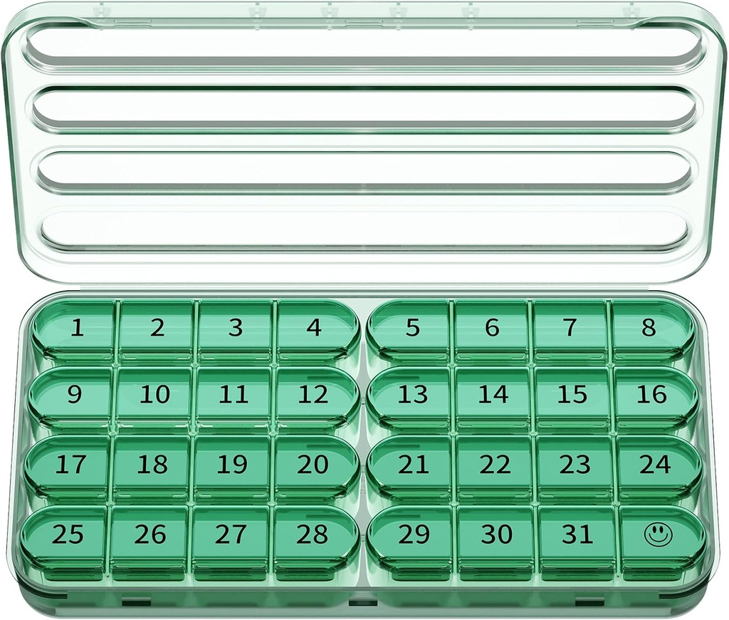 Zoksi Organizador mensual de píldoras 1 vez al día, 30 días Organizador de caja de píldoras Una vez al día, un mes caso de gran pill para viajar, 31 días Contenedor diario de medcina para vitaminas, suplemento " Medicación (Olive)
