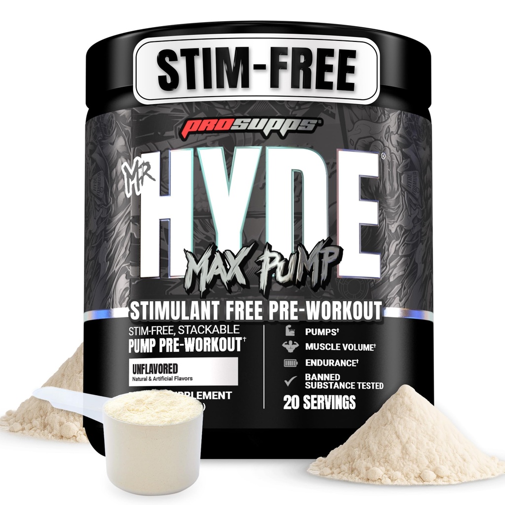 PROSUPPS Mr. Hyde Max Pump Pre Workout Powder - Stim-Free Preworkout Supports Blood Flow, Muscle Volume &amp; Endurance - Caffeine-Free Nitric Oxide Gym &amp; Fitness Supplements (Unflavored, 20 Servings)