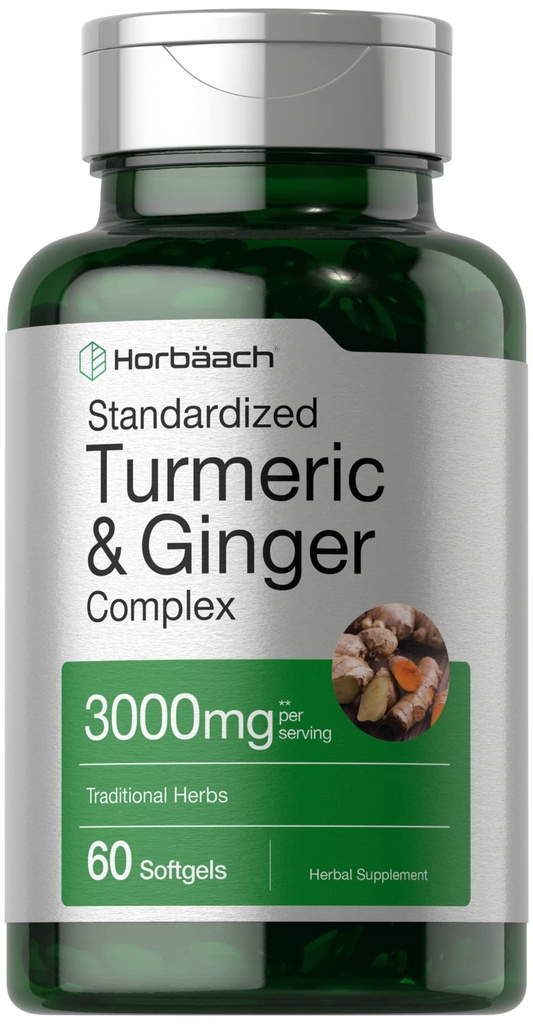 Horbäach Turmeric y Ginger Suplemento 3000 mg Silencio 60 Softgel Capsules Silencioso Complejo de Curcumina Turmérica con Pepper Negro Extracto ← No GMO, Gluten Free