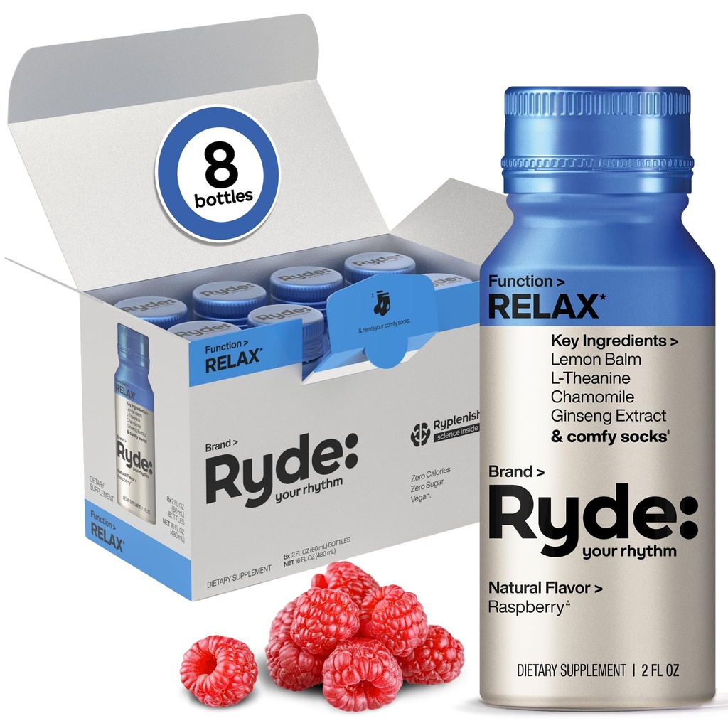 Ryde: Relájate Zapato tóxico Raspberry Flavor tóxico Lemon Balm, L-Theanine, Ginseng &amp; Chamomile Silencio 0 Calories, 0 Sugar Ø 2 FL OZ Shots  Helps You Relax* (8 Pack)