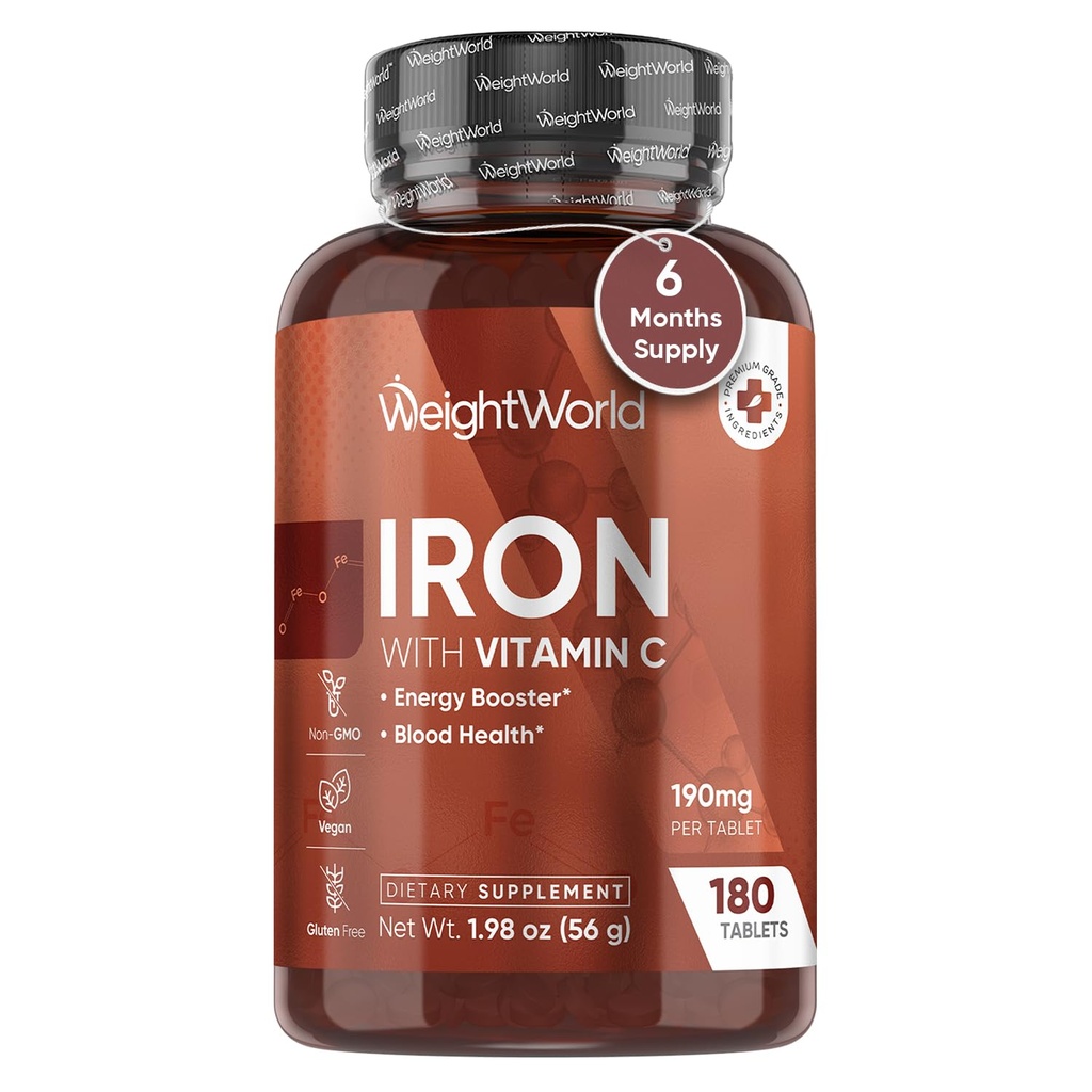 WeightWorld Iron Supplement 65mg - with Vitamin C 125mg - 180 Vegan Tablets (6 Meses Supply) - Gentle Carbonyl Iron Supplement for Women &amp; Men - Energy Booster &amp; Blood Heath - Non-GMO &amp; Gluten-Free