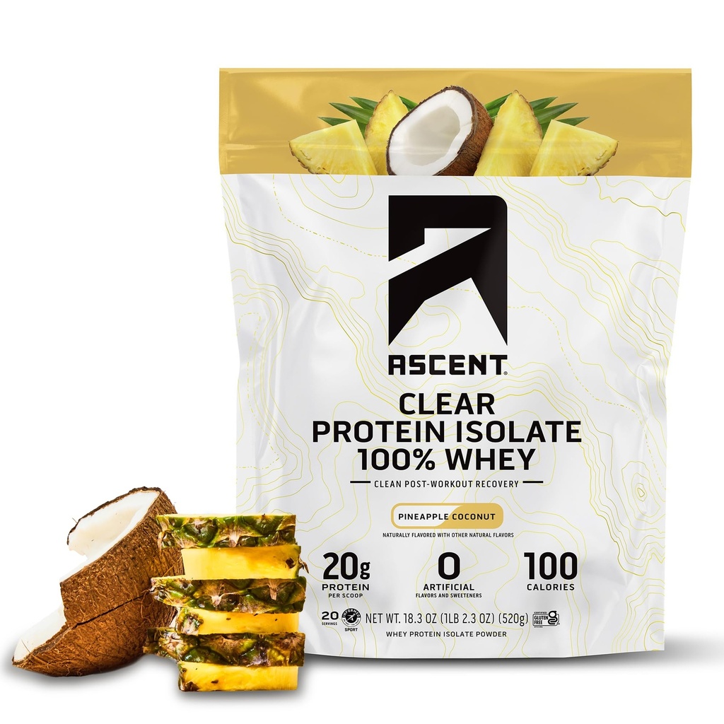 Ascent 100% Clear Whey Protein Powder - Post Workout Whey Protein Isolate, Zero Artificial Flavors & Sweeteners, Gluten Free, 5.5g BCAA, 2.1g Leucine, Essential Amino Acids, Piña Coconut, 20 Serv
