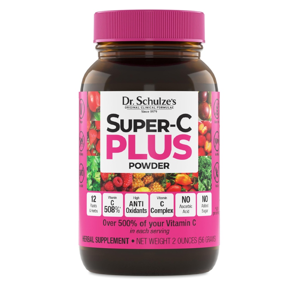 Super-C Plus del Dr. Schulze - Suplemento de vitamina C para soporte de inmuno - Salud de la piel &amp; soporte antioxidante - Fórmula de alta potencia - Superalimentos basados en plantas - Gluten-Free &amp; Vegan - 2 oz (20 Servings)