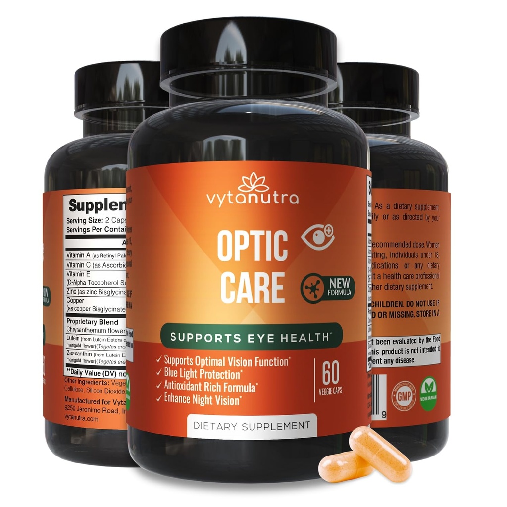 Optic Care Eye Vitamins – Lutein, Zeaxanthin, Vitaminas A C E, Zinc, Copper, Chrysanthemum &amp; Goji – Fórmula de Micronutrientes Antioxidante para el soporte de visión – 3 PK