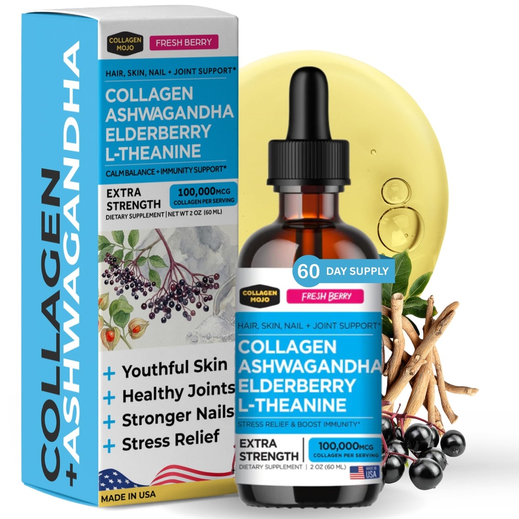 Collagen Mojo - Collagen líquido para hombres y mujeres, péptidos colágenos con Ashwagandha, Elderberry &amp; L-Theanine - Cabello, Esquí, uñas, soporte conjunto de estrés, alta absorción - 100.000mcg, 2 Oz