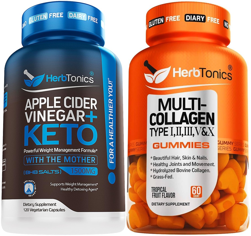 Herbtonics Apple Cider Vinegar Capsules Plus Keto BHB | Fat Burner & Weight Loss Supplement for Women & Men - Multi Collagen Gummies Type 1,2,3,5 & 10 with Biotin for Hair Growth, Skin, Nails