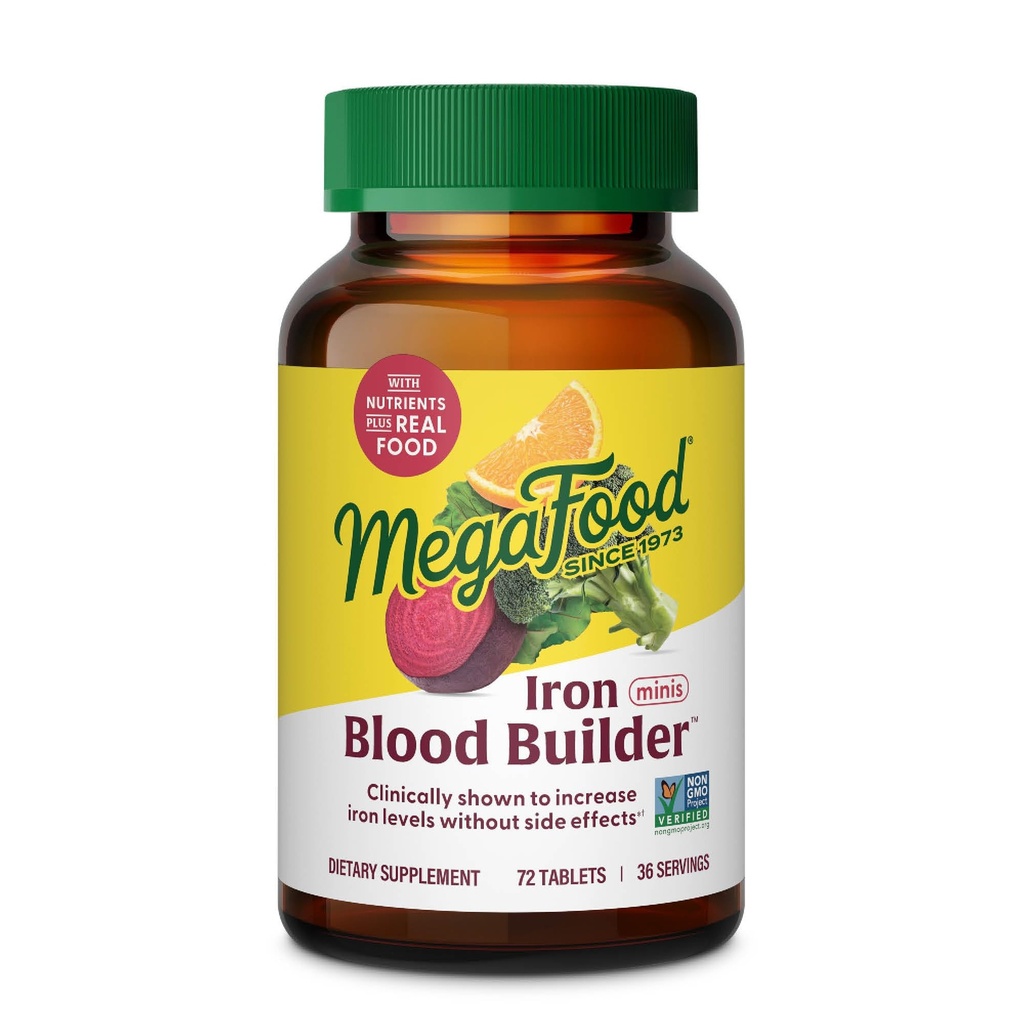 MegaFood Blood Builder Iron Suplemento para Hombres Mujeres - Aumentar los niveles de hierro sin efectos secundarios - Combate Fatiga - Vitamina B12, ácido fólico &amp; vitamina C - Vegan - 72 Mini Tabletas (36 Servimientos)